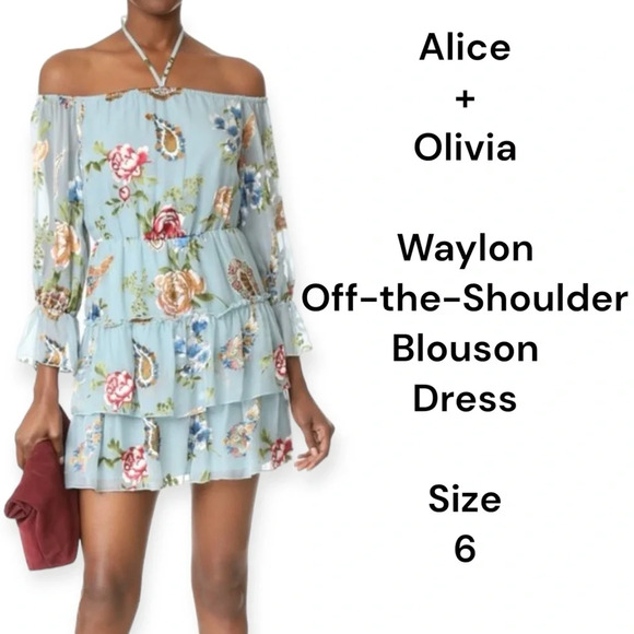 Alice + Olivia Aqua Multicolor floral Waylon Off-the-Shoulder Blouson Dress sz 6 - Picture 1 of 11